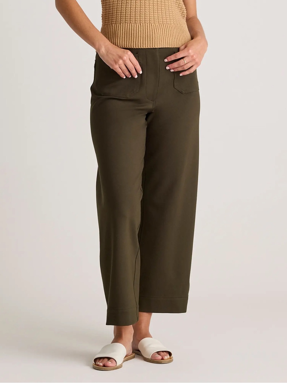 Quince Ultra Stretch Ponte Cropped Wide Leg Pants Olive Size 8 High Rise Womens